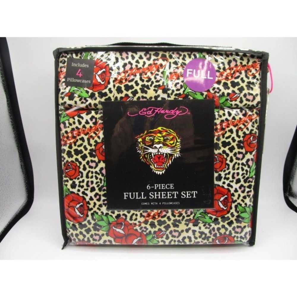 Ed Hardy 6 Piece Full Sheet Set Leopard Rose Print Tattoo Art